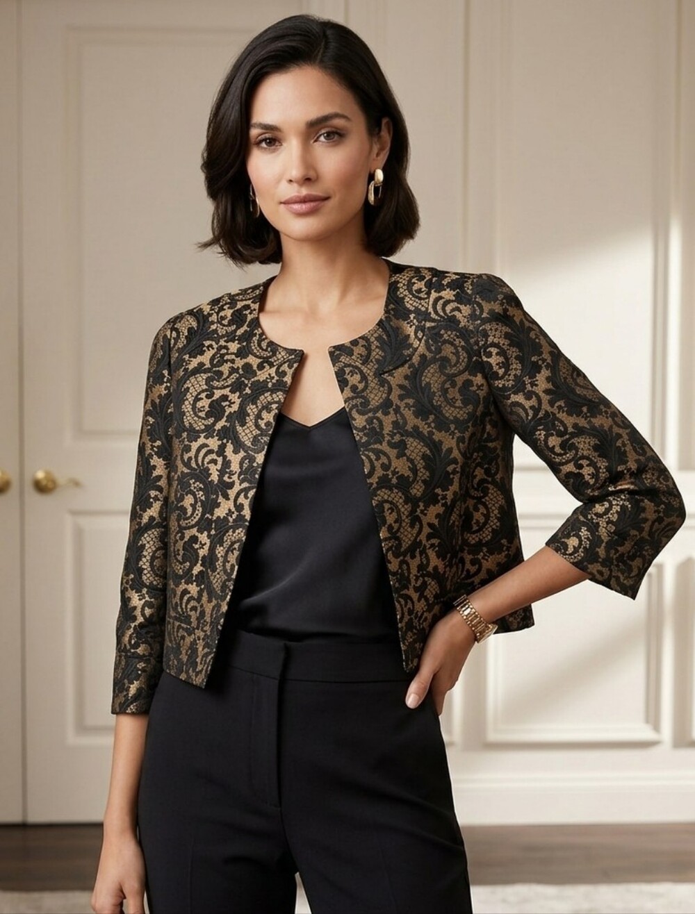 Ann Taylor Damask Brocade Gold and Black Crop jacket size 12 NWOT